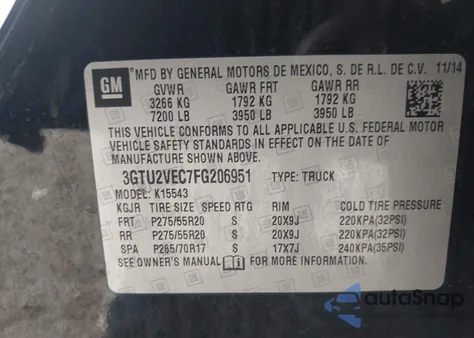 2015 GMC Sierra 1500 Slt из США, поврежденный, VIN 3GTU2VEC7FG206951